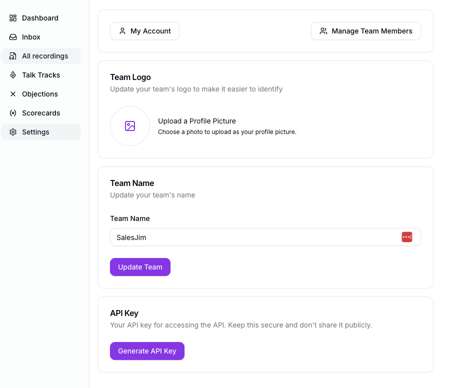 Generate API key in SalesJim